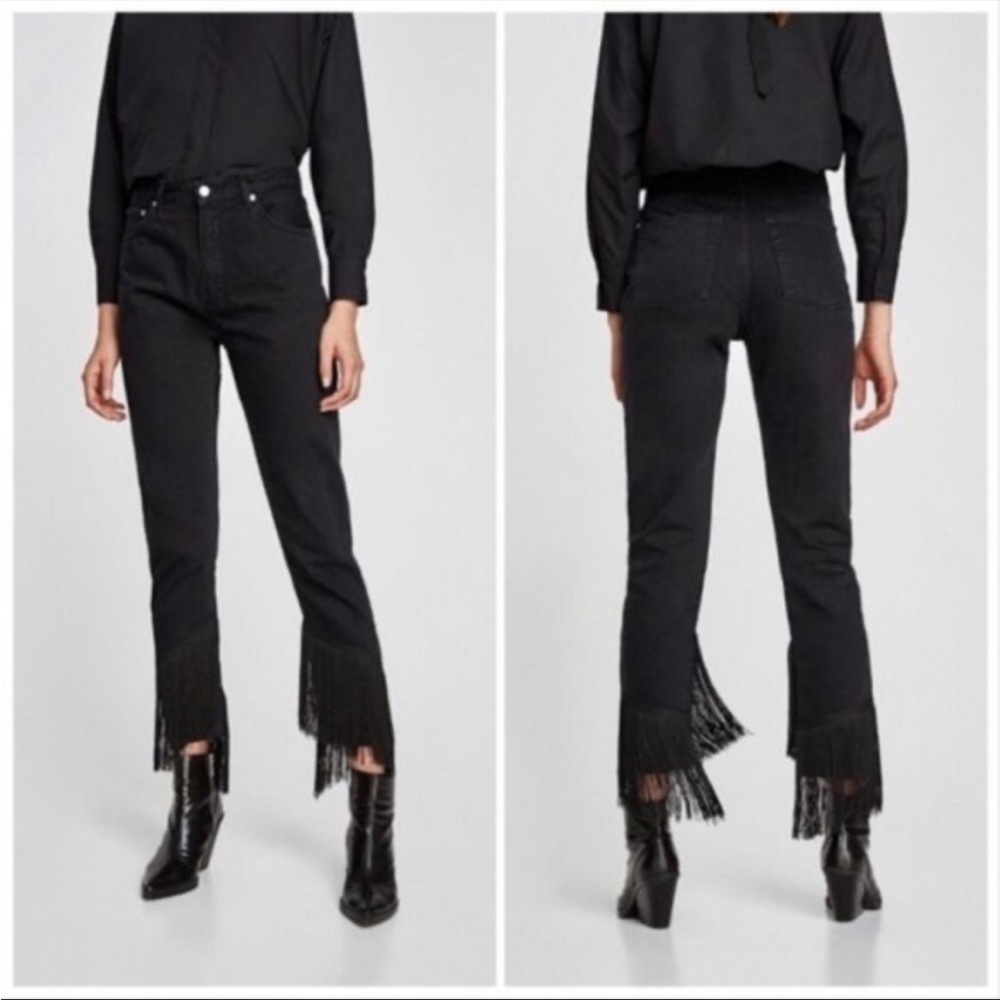 ZARA Women’s High Waisted Fringe Jeans Black Denim Size 4  Cotton Vintage  Style
